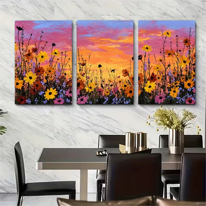 3pcs Daisy Mountain Sunset Landscape Metal Print Ready to Hang Art - Bella Home Decor
