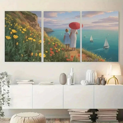3pcs Seaside Cliff, Wildflowers Wall Art Set Canvas Framed 60x90cm - High Quality Print 100% Australian Made Wall Canvas Ready to Hang