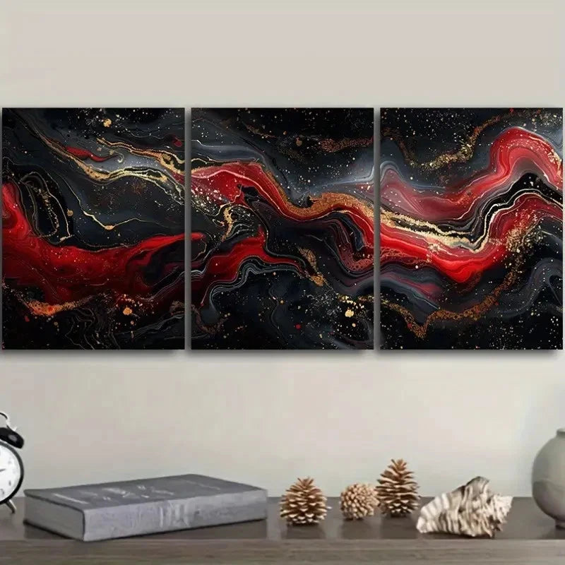 3pcs Black and Red Abstract Art Painting Metal Print Ready to Hang Art - Bella Home Decor