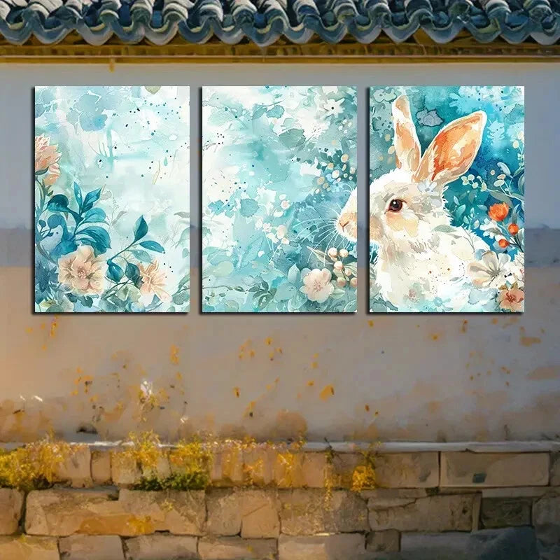 3pcs Floral & Rabbit Paintings Design Metal Print Ready to Hang Art - Bella Home Decor