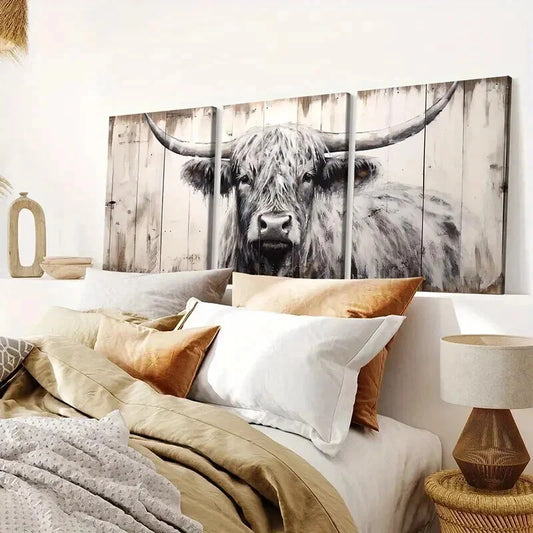 3pcs Vintage Farmhouse Highland Cattle Wall Art Set Canvas Framed 50x70cm - High Quality Print 100% Australian Made Wall Canvas Ready to Hang