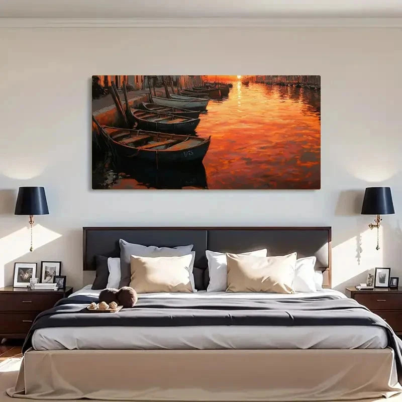 Nature Reflection Sunset Boats Wall Art Canvas Office Home Room Framed 120x60cm - Bella Home Decor