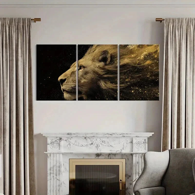 3pcs Lion Profile Art Golden Dust Effect Metal Print Ready to Hang Art - Bella Home Decor