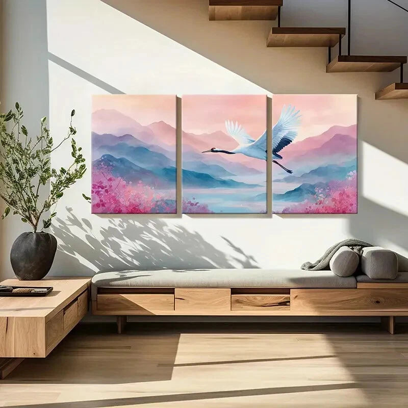 3pcs Crane Flight Over Serene Mountains Metal Print Ready to Hang Art - Bella Home Decor