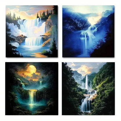 4pcs Vintage Abstract Moonlit Waterfall Wall Art Canvas Framed