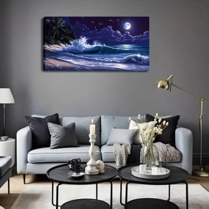 Moonlit Beach Scene With Waves Wall Art Canvas Office Home Room Framed 120x60cm - Bella Home Decor