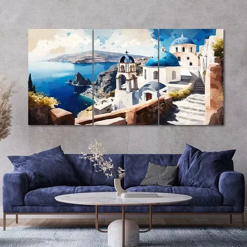 3 Piece Santorini Island Painting Style Wall Art Set Canvas Unframed - High Quality Print 100% Australian Made Wall Canvas