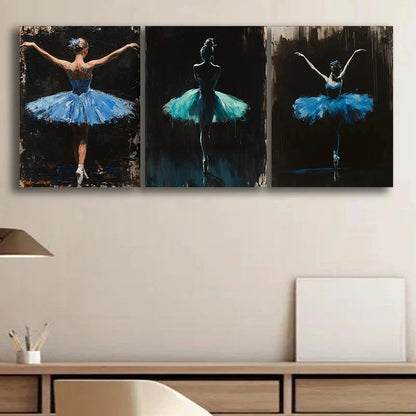 3pcs Blue Ballet Dancer Tutu Luxurious Metal Print Ready to Hang Art - Bella Home Decor