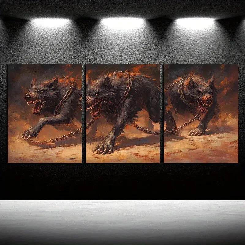 3pcs Wolf Wearing a Chain around its Neck Metal Print Ready to Hang Art