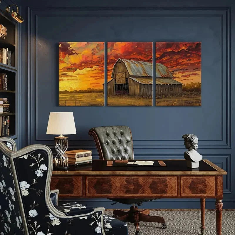 3pcs Rustic Barn Sunset Sky Wooden Structure Metal Print Ready to Hang Art - Bella Home Decor