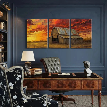 3pcs Rustic Barn Sunset Sky Wooden Structure Metal Print Ready to Hang Art - Bella Home Decor