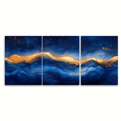 3pcs Contemporary Blue Golden Watercolor Metal Print Ready to Hang Art - Bella Home Decor