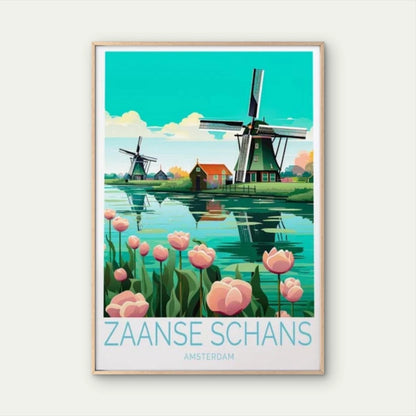 Zaanse Schans Amsterdam, Windmill & Lake Travel Poster Print Wall Art - Bella Home Decor
