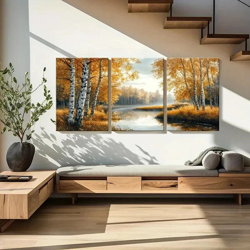 3pcs Autumn Forest Landscape Birch Trees Metal Print Ready to Hang Art - Bella Home Decor