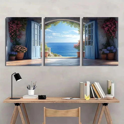 3pcs Open Window Blue Curtains Potted Flowers Wall Art Set Canvas Unframed - High Quality Print 100% Australian Made Wall Canvas