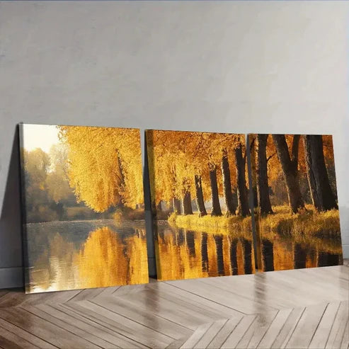 3pcs Golden autumn trees along the river Wall Art Set Canvas Unframed - High Quality Print 100% Australian Made Wall Canvas - Bella Home Decor