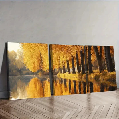 3pcs Golden autumn trees along the river Wall Art Set Canvas Unframed - High Quality Print 100% Australian Made Wall Canvas - Bella Home Decor