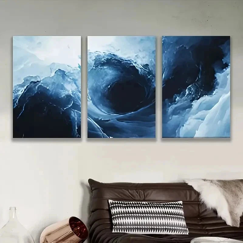 3pcs Blue Ocean Wave Abstract Art Metal Print Ready to Hang Art - Bella Home Decor