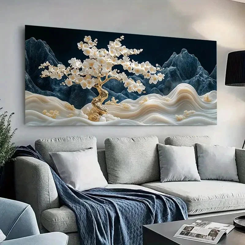 White Blossoms Mountains wall canvas office home room framed 120x60cm - Bella Home Decor