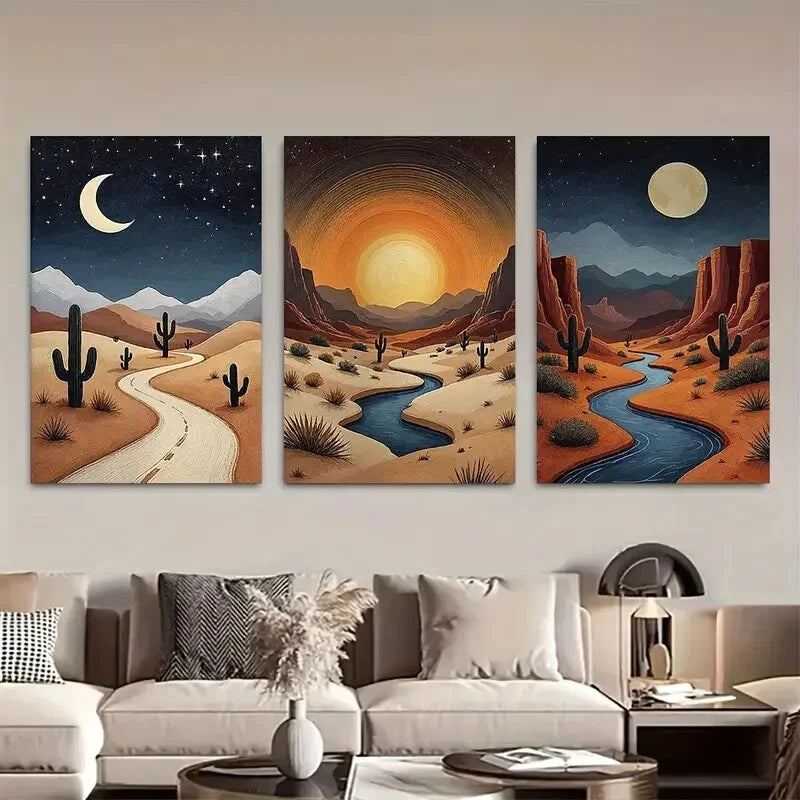 3pcs Night Skies River and Moon Boho Earth Tone Metal Print Ready to Hang Art - Bella Home Decor