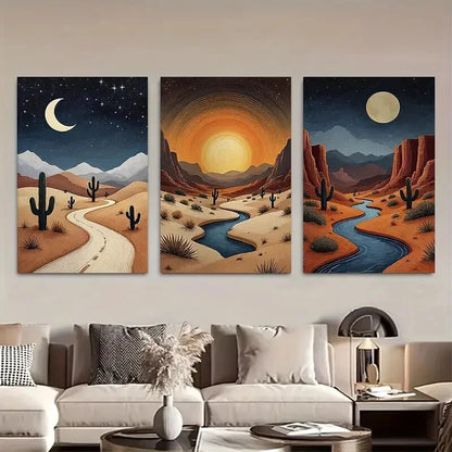 3pcs Night Skies River and Moon Boho Earth Tone Metal Print Ready to Hang Art - Bella Home Decor