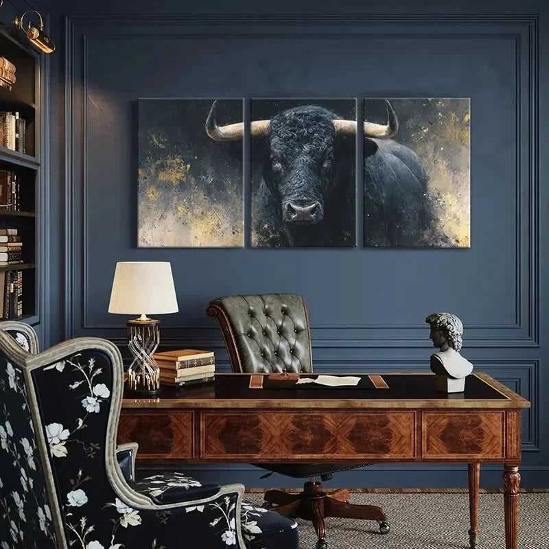 3pcs Artistic Bull Portrait Abstract Painting Metal Print Ready to Hang Art - Bella Home Decor