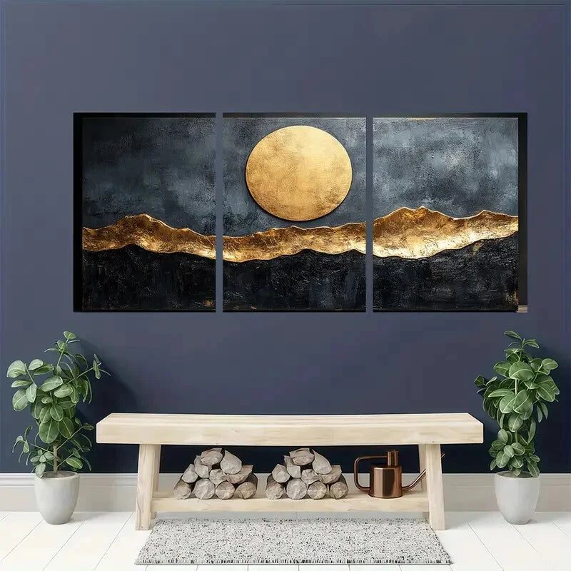 3pcs Modern Beige & Black Abstract Design Metal Print Ready to Hang Art - Bella Home Decor