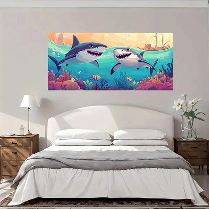Ocean Adventure With Sharks Wall Art Canvas Office Home Room Framed 120x60cm