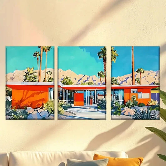3pcs a painting of a house in the desert Wall Art Set Canvas Framed 60x90cm - High Quality Print 100% Australian Made Wall Canvas Ready to Hang