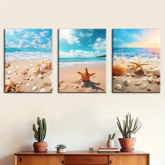 3pcs Vibrant Ocean, Seashells & Starfish Metal Print Ready to Hang Art