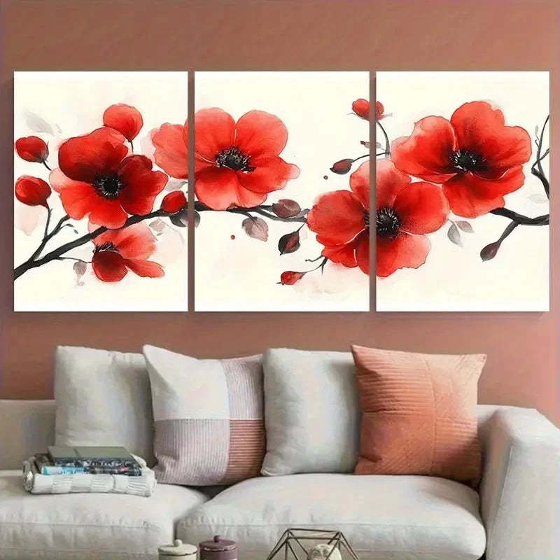 3pcs Elegant Blooming Red Floral Watercolor Wall Art Set Canvas Framed 40x60cm - High Quality Print 100% Australian Made Wall Canvas Ready to Hang - Bella Home Decor