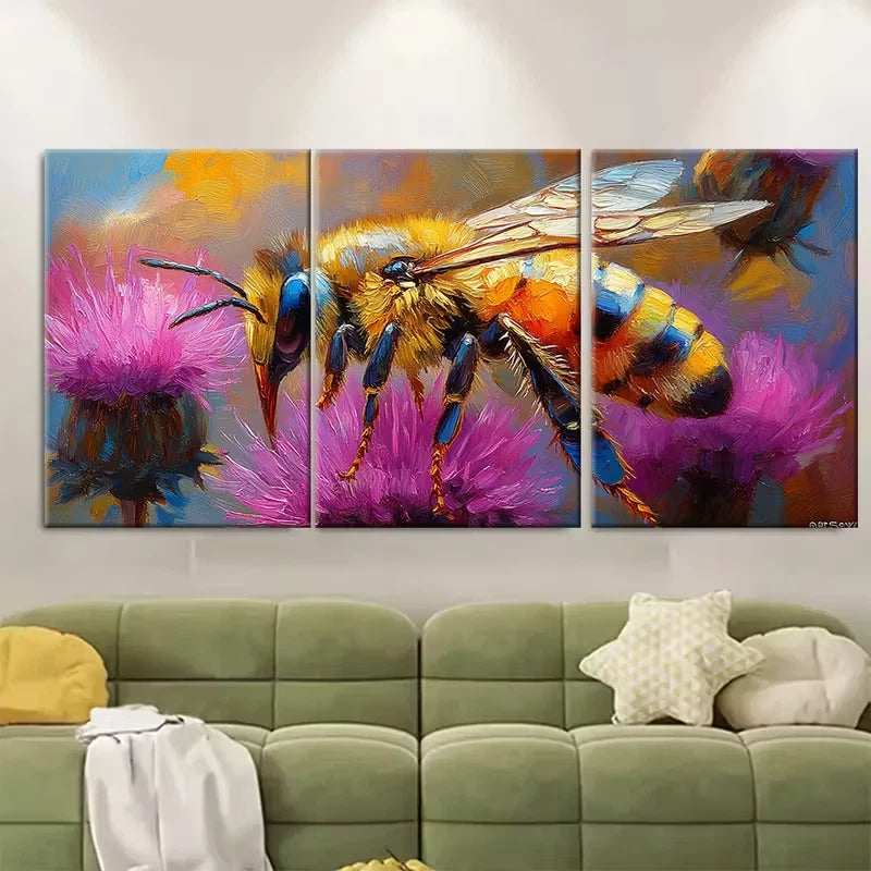 3pcs Thistle Painting Honeybee Metal Print Ready to Hang Art