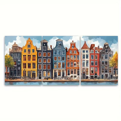 3pcs Amsterdam Canal Houses Metal Print Ready to Hang Art