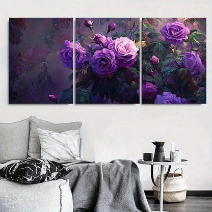 3pcs Purple Vibrant Botanical Floral Painting Wall Art Set Canvas Framed 40x60cm - High Quality Print 100% Australian Made Wall Canvas Ready to Hang