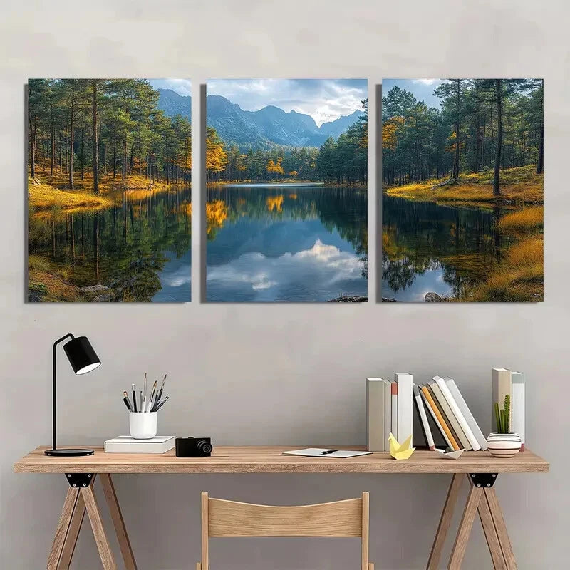 3pcs EArth Tones Lake Reflection Artwork Metal Print Ready to Hang Art - Bella Home Decor