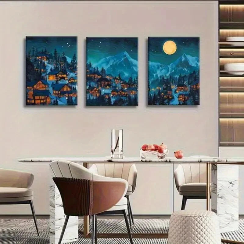 3pcs Moonlit Mountain Village Under Full Moon Metal Print Ready to Hang Art - Bella Home Decor