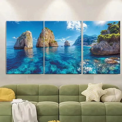 3pcs Deep Blue Seascape LO Wall Art Set Canvas Framed 60x90cm - High Quality Print 100% Australian Made Wall Canvas Ready to Hang - Bella Home Decor