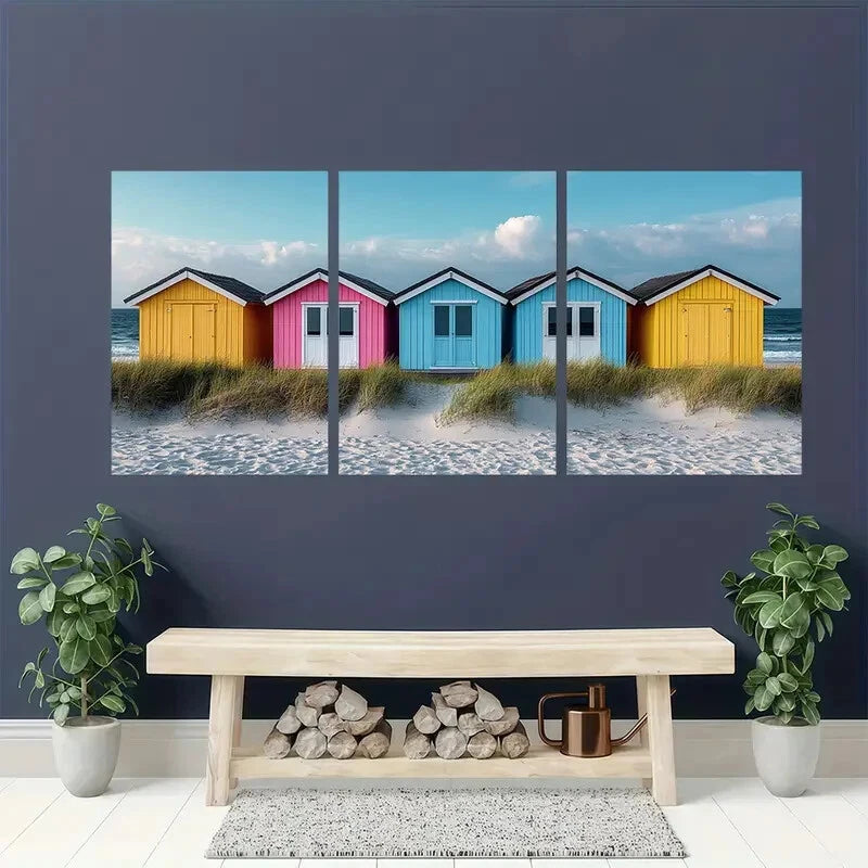3pcs Pastel Summer Seaside Beach Huts Art Metal Print Ready to Hang Art - Bella Home Decor