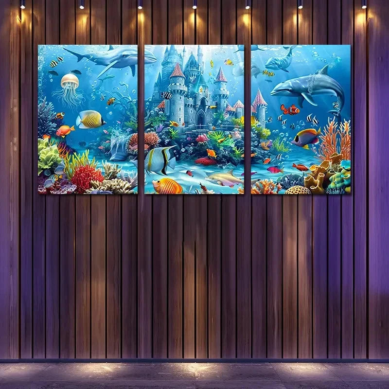 3pcs The Underwater Castle Where Dolphins Play  Wall Art Set Canvas Framed 40x60cm - High Quality Print 100% Australian Made Wall Canvas Ready to Hang