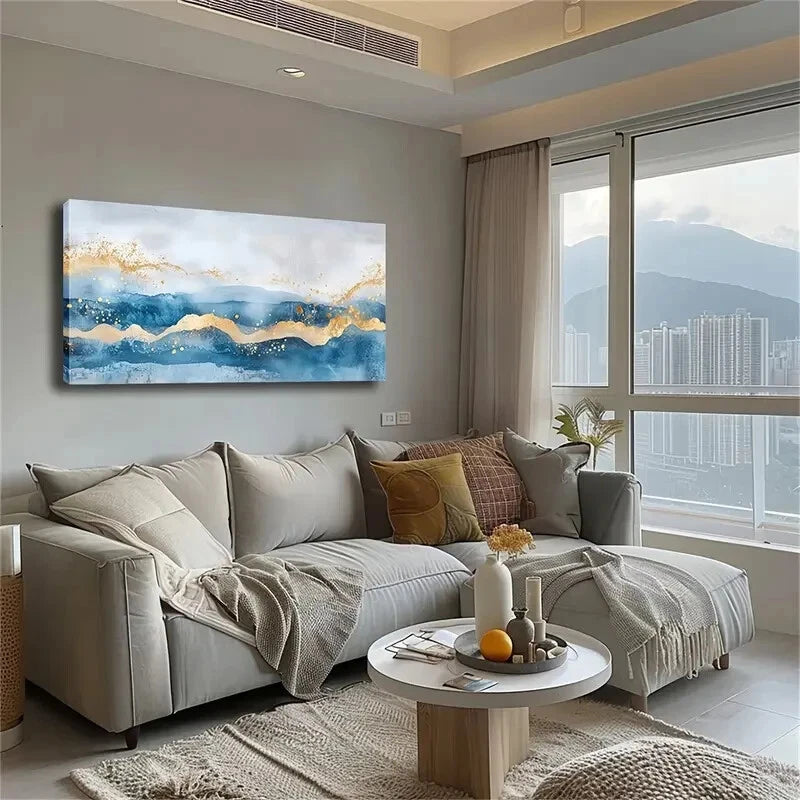 Blue Abstract Ocean Mountain Wall Art Canvas Office Home Room Framed 120x60cm - Bella Home Decor