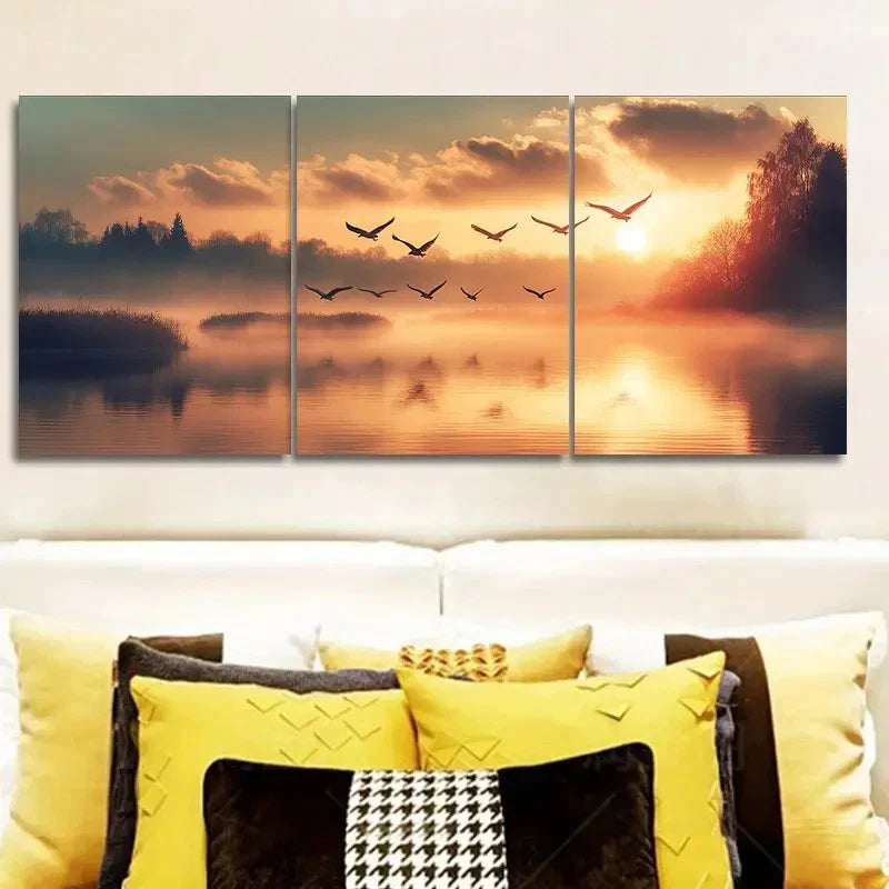 3pcs Birds Flying Over a Lake at Sunset  Wall Art Set Canvas Framed 40x60cm - High Quality Print 100% Australian Made Wall Canvas Ready to Hang - Bella Home Decor