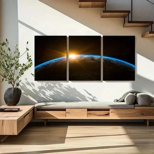 3pcs Sunrise Planet Earth from Outer Space Wall Art Wall Art Canvas Unframed - High Quality Print 100% Australian Made Wall Canvas