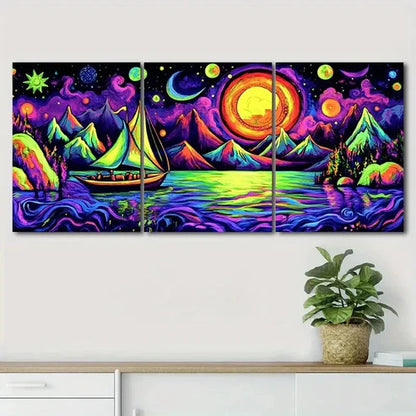 3pcs Nature Moon Colorful Lake Boat Perfect Wall Art Canvas Unframed - High Quality Print 100% Australian Made Wall Canvas
