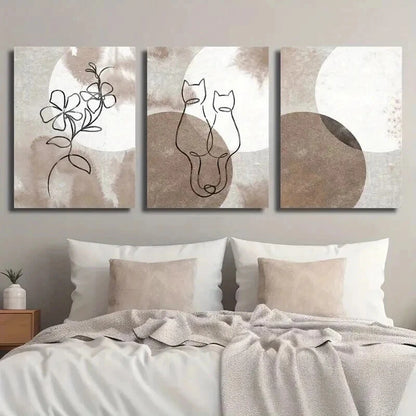 3pcs Modern Abstract Cat & Floral Line Perfect Wall Art Set Canvas Framed 50x70cm - High Quality Print 100% Australian Made Wall Canvas Ready to Hang - Bella Home Decor
