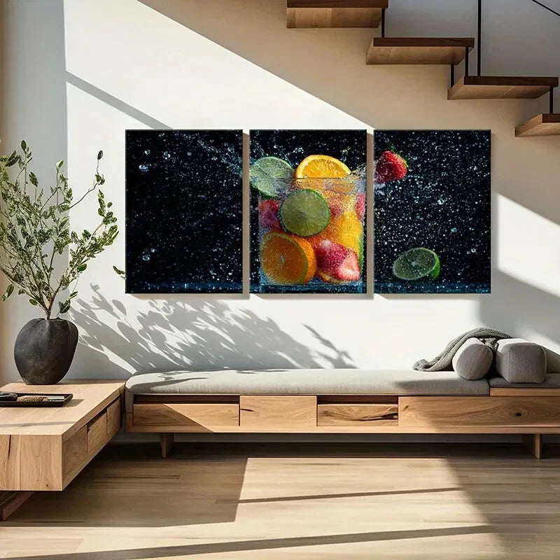 3pcs Vibrant Fruits Splash Artistic Photography Metal Print Ready to Hang Art - Bella Home Decor