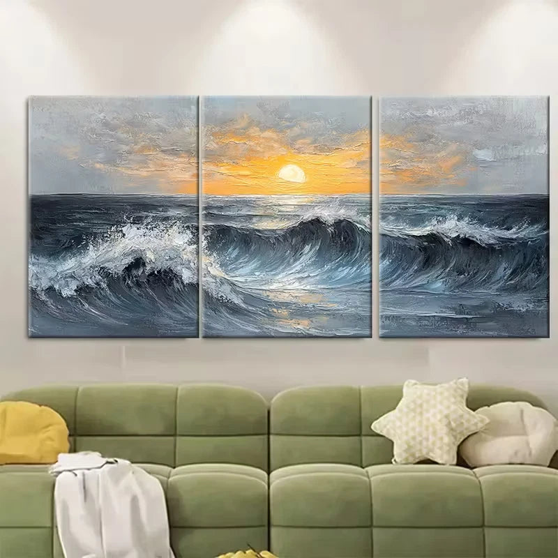 3pcs Gray Ocean Wave Painting Metal Print Ready to Hang Art