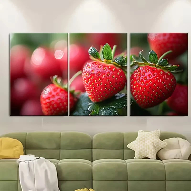 3pcs Elegant Strawberry Blossom Macro Photography Metal Print Ready to Hang Art
