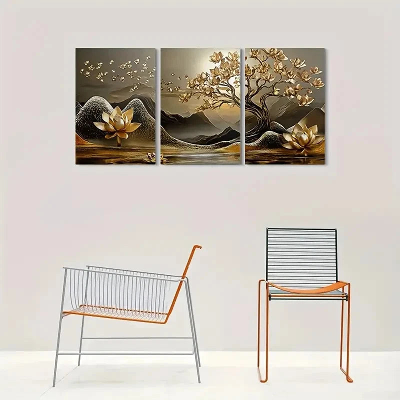 3pcs Golden Lotus Tree Golden Metal Print Ready to Hang Art - Bella Home Decor