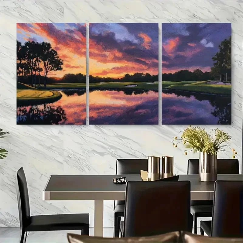 3pcs Vibrant Sunset Golf Course Landscape Metal Print Ready to Hang Art