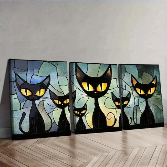 3pcs Featuring a Family of Black Cats Wall Art Set Canvas Framed 50x70cm - High Quality Print 100% Australian Made Wall Canvas Ready to Hang